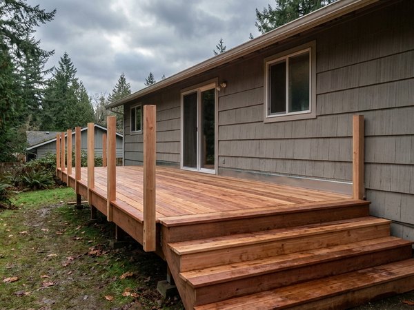 Cedar deck rebuilt with flashed ledger, example